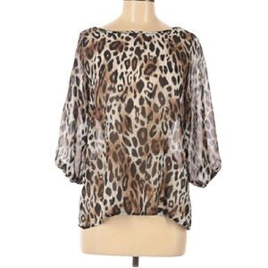 Brenda's Brown and Black Back Bow Sheer Leopard Print 3/4 Sleeve Blouse Medium